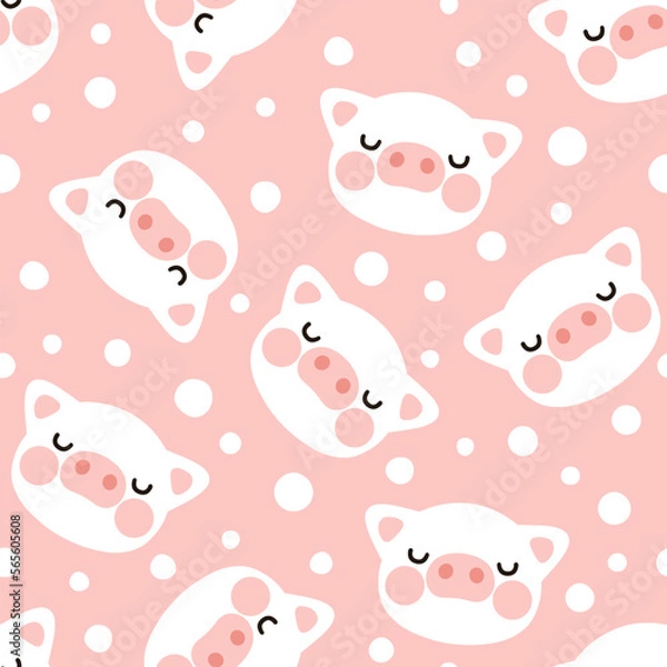Fototapeta cute white pig happy face with scandinavian dots on a girly pink background. Kids woodland animals kawaii seamless pattern design for wrapping paper, fabric and textile.