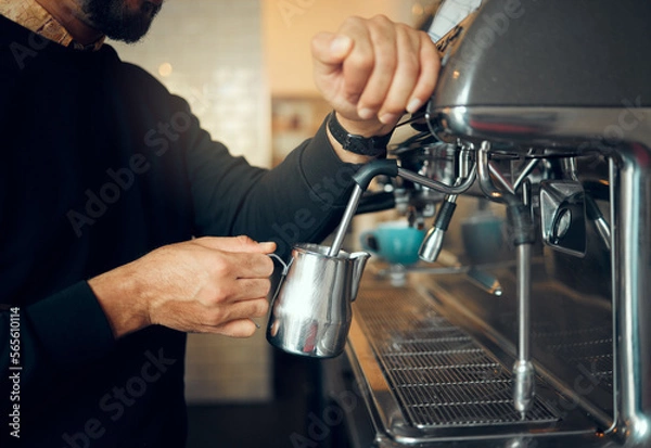 Obraz Hands, man and barista brewing at coffee shop using machine for hot beverage, caffeine or steam. Hand of employee male steaming milk in metal jug for premium grade drink or self service at cafe