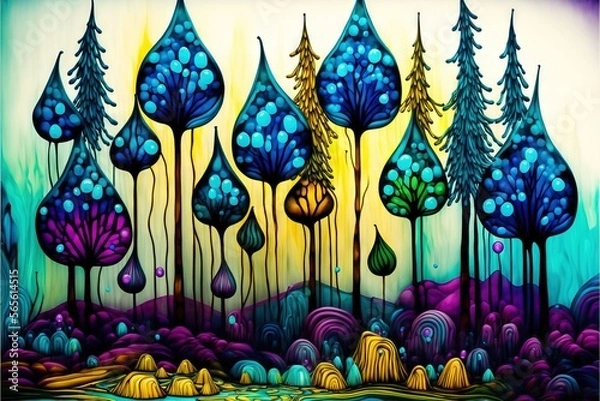 Fototapeta  a painting of a forest with blue trees and water in the background and a yellow sky above it with a yellow sky and a blue stream.  generative ai