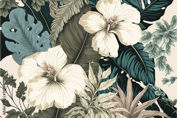 Fototapeta  a picture of a bunch of flowers and leaves on a white background with a blue and green background and a white and green background with a blue border.  generative ai