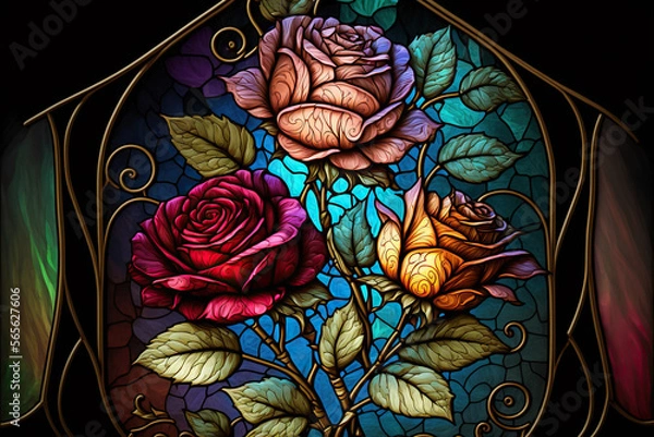 Fototapeta beautiful stained glass roses, Generative AI