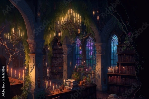 Fototapeta Interior of an enchanted library with candles