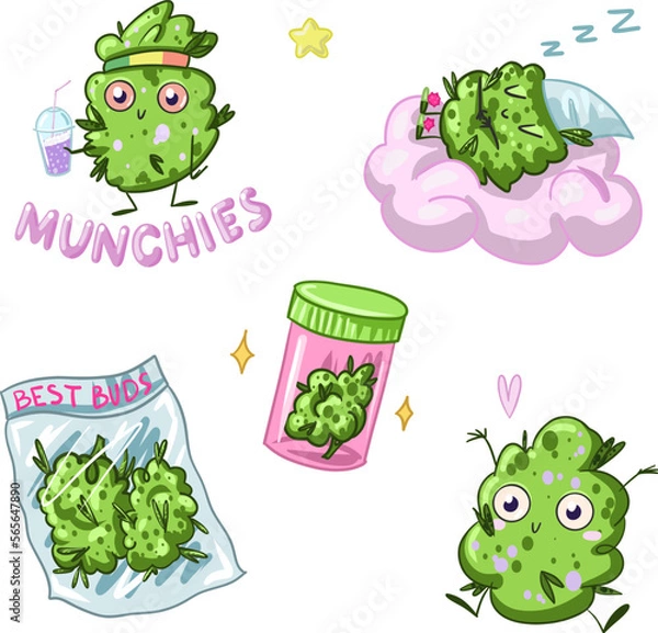 Fototapeta A set of cute marijuana characters. cannabis is funny. weed marijuana vector