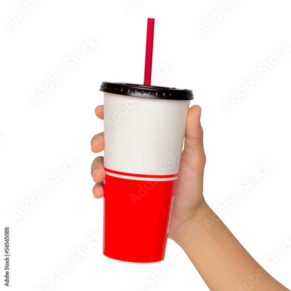 Obraz Trzymanie kubka papieru z rurką na białym tle