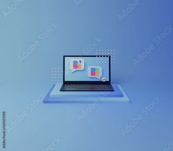 Fototapeta Problem and solution chat conversation concept with 3d Laptop screen
