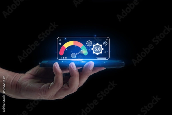 Fototapeta businessman review satisfaction feedback survey concept, User give rating to service experience on online application, Customer can evaluate quality of service leading to reputation ranking business.