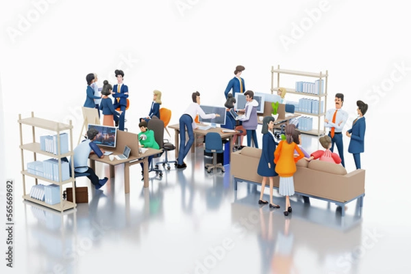 Fototapeta Big office with many people working. Business team is working together, people having meeting, discussing  deal, project progress.  3D rendering illustration