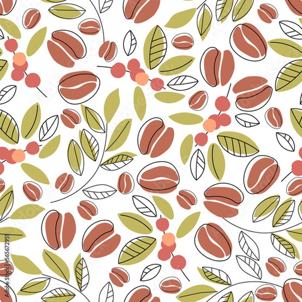 Fototapeta Seamless pattern with coffee beans and branches. Coffee cherries, leaves and beans on a white background. Hand drawn flat style. Vector illustration.