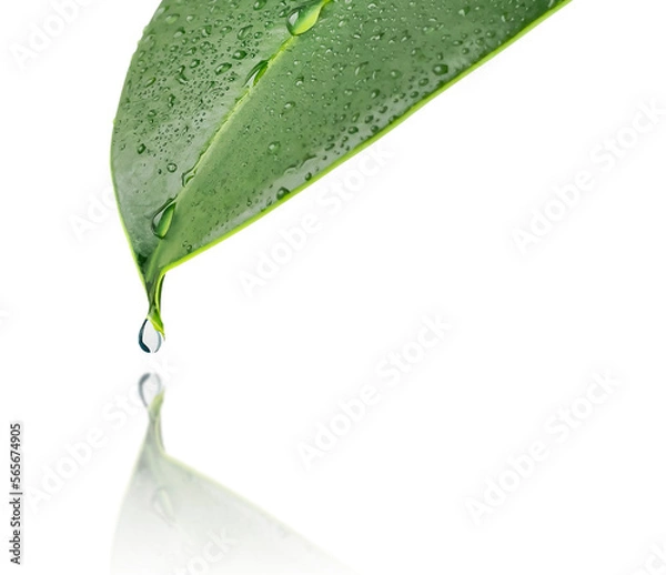 Fototapeta A green leaf of a plant with drops of water. A drop of water drips from the tip of the leaf. Isolated. Close-up A drop in the reflection. Macro-nature. Copy space