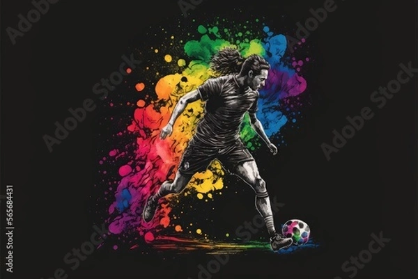 Fototapeta Person playing soccer, printer in activewear black background. Generative AI