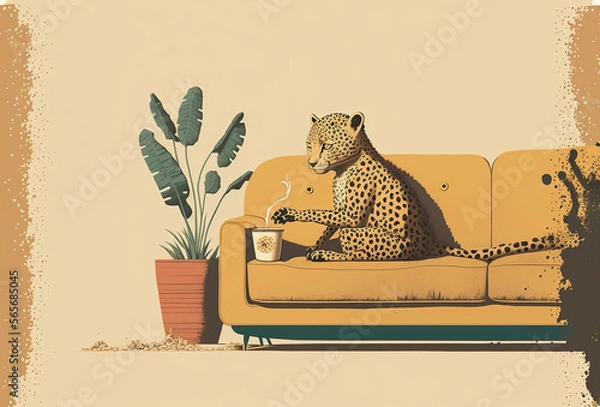 Obraz Leopard sitting on couch with coffee