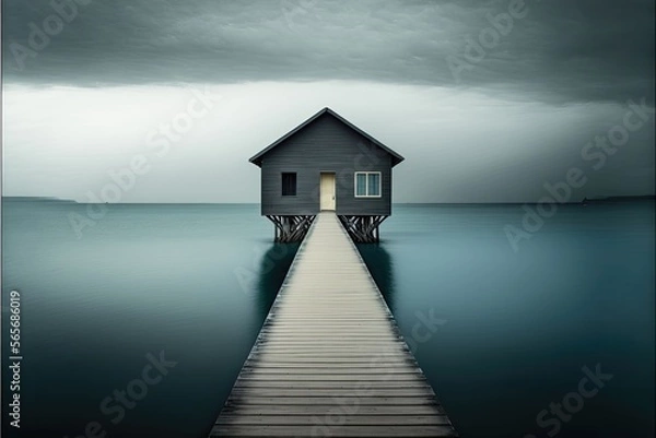 Fototapeta Architectural photography of a minimalist contemporary house on the water. Generative AI