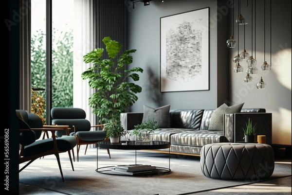 Fototapeta Stylish living room with modern furniture and stylish decor. Idea for interior design. AI