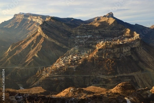 Fototapeta View of the ancient Dagestan village of Gunib, located high on the top of the Gunib plateau, in the evening.