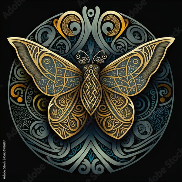 Obraz Celtic irish pattern: Emblem of a golden butterfly with intricate patterns on it's wings