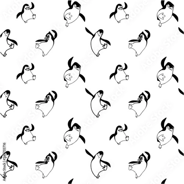 Fototapeta Seamless black and white pattern with dancing cartoon penguins. hand drawn