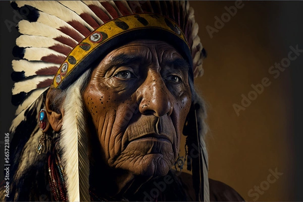 Fototapeta Portrait of old male native american on dark background,generative ai.