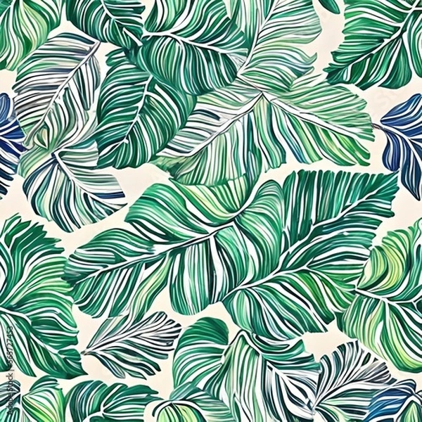 Obraz Green lined leaves on a white background, watercolor, plants, leaves, nature, leaf. Generative AI.