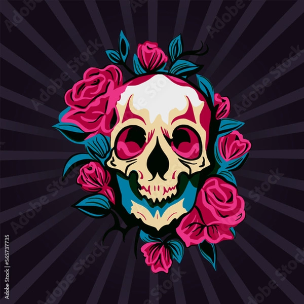 Obraz Skull head and rose flower, symbol drawing print. Dead vector retro death ornament