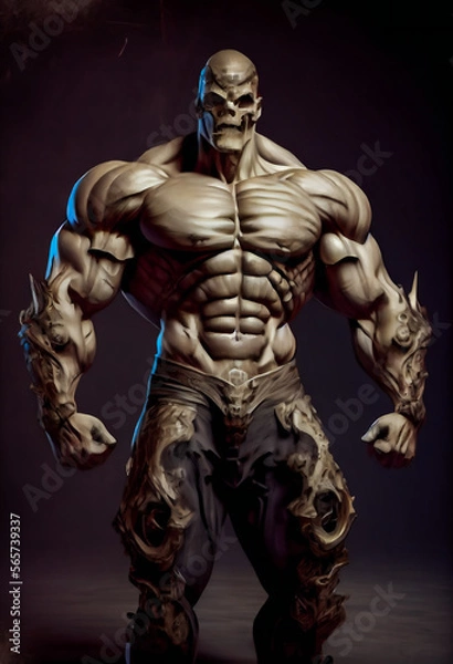 Fototapeta Monster with huge muscles and Skull Face.  Generative AI.