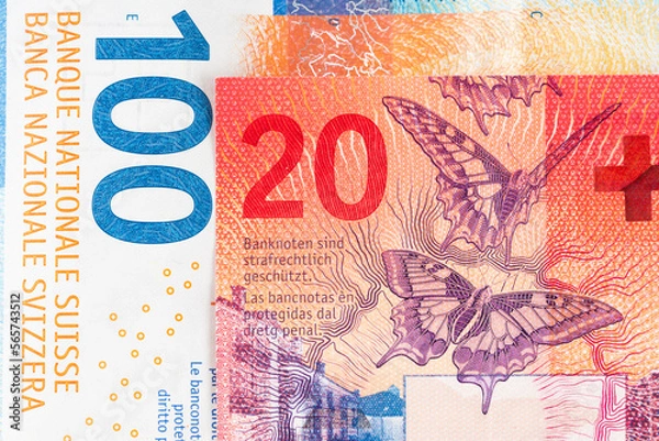 Obraz Swiss currency francs banknotes and coins close up
