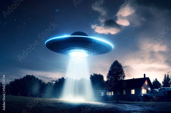 Fototapeta Flying extraterrestrial saucer UFO in the night sky. Alien abduction scene with lights. Generative Ai Illustration