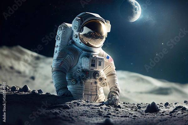Obraz Astronaut on the moon or extraterrestrial planet. Alone and watching the night space sky. Generative ai illustration