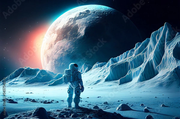 Fototapeta Astronaut on the moon or extraterrestrial planet. Alone and watching the night space sky. Generative ai illustration