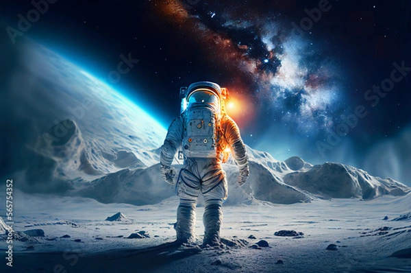 Obraz Astronaut on the moon or extraterrestrial planet. Alone and watching the night space sky. Generative ai illustration