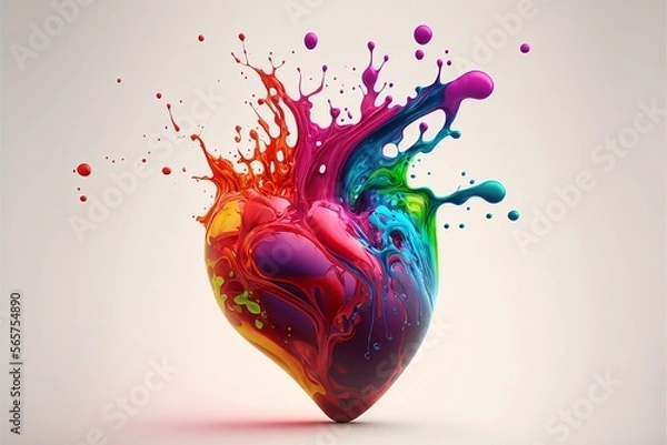 Fototapeta Human Heart with colorful boiling liquid. Human hearts in multi-colored paints. Generative AI