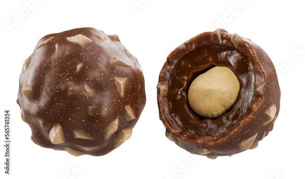 Fototapeta Two chocolate ball whole and half with hazelnuts transparent background - 3D rendering