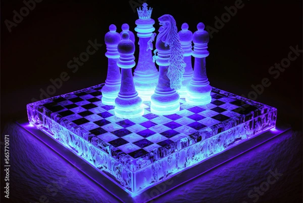 Fototapeta Ice sculptures, statues of cold winter, lighted by led, horizontal landscape of nature and living creatures, people, handmadelike art of frozen water, dark, relation, icemirror statues, Generative AI