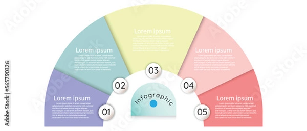 Fototapeta Infographic sectioned template for business information presentation. Vector half circles and geometric elements. Modern workflow diagrams. Report plan 5 topics