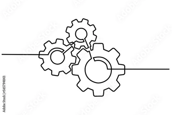 Obraz Continuous line drawing of machine gears. concept of gears on a machine in single line style. Engine gear technology concept in doodle style.
