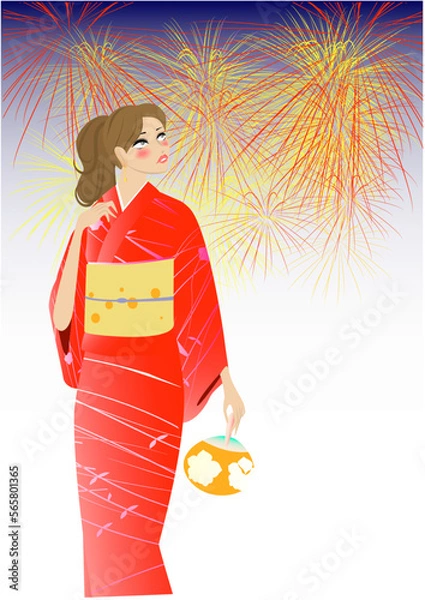 Fototapeta 着物を着た女性と花火