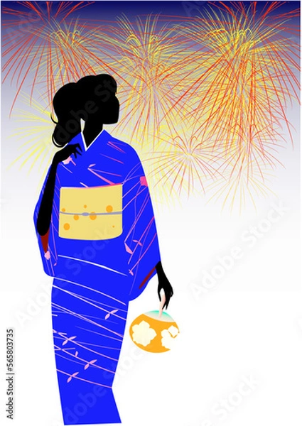 Fototapeta 着物を着た女性のシルエットと花火