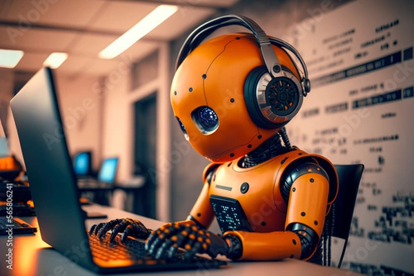 Obraz Adorable humanoid robot working on laptop, Generative AI