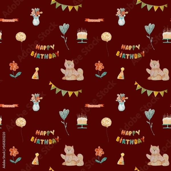 Obraz Happy birthday cake cat red pattern watercolor