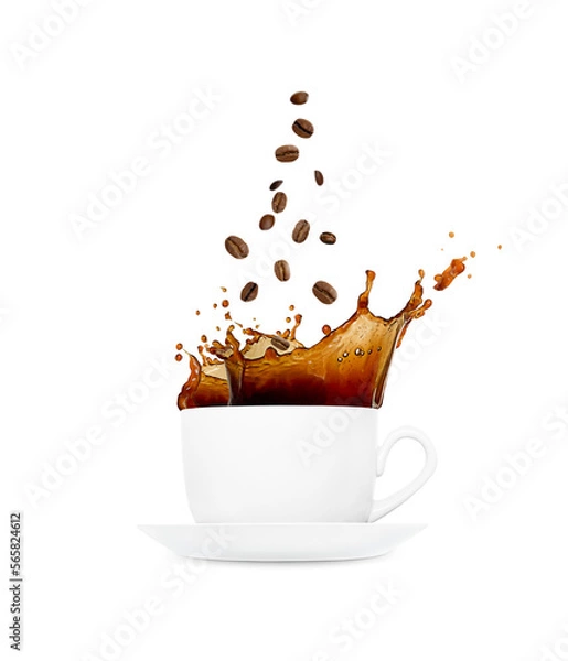 Fototapeta Espresso coffee in a white glass mug with a saucer. Coffee beans fly into coffee. Splashes of coffee. Isolated on a white background.