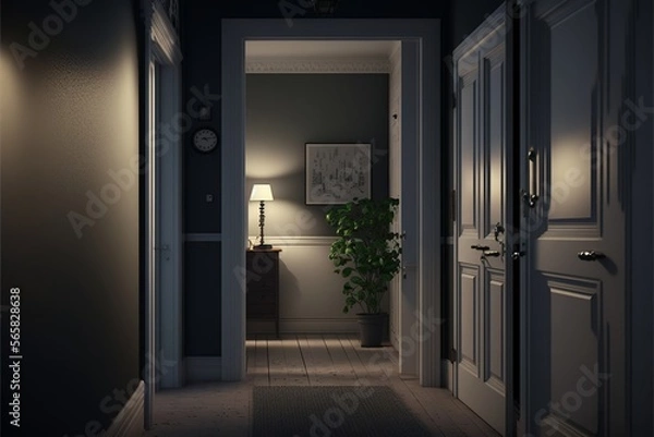 Fototapeta Cozy scandinavian interior style hallway with an open door and a closed door at night with lamp turned on,