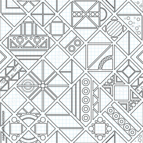 Fototapeta Seamless Geometric Pattern, Drawn on Checkered Notebook. Endless Modern Mosaic Texture.  Fabric Textile, Wrapping Paper, Wallpaper. Vector Contour Illustration. Coloring Book Page