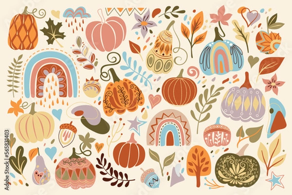 Fototapeta Big Collection of Autumn Plants, Pumpkins Designs. Rainbows, Apple, Pear, Acorns, Lot of Leaves and Deco Elements. Elegant Natural Motifs. Hand Drawn Style. Vector Illustration