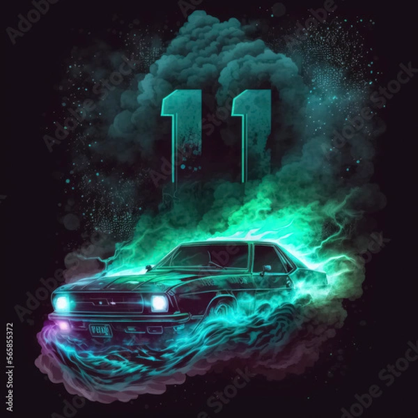 Fototapeta boys eleventh 11th birthday glowing number 11 behind muscle car surrounded by green clouds of smoke, vector art style, black background generative ai