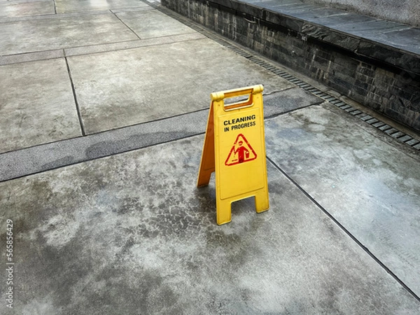 Fototapeta Yellow Sign on the Floor with Cleaning In Progress Message