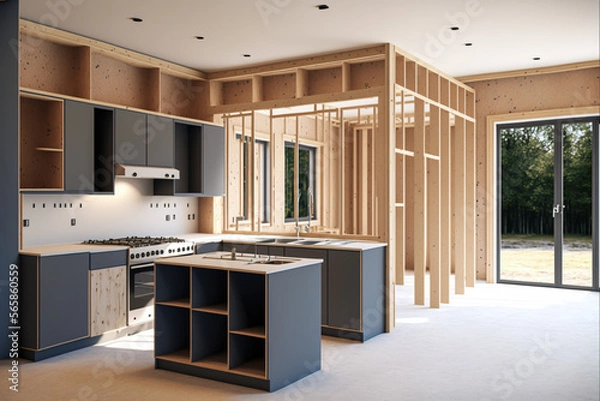 Obraz Small kitchen under construction in a new house, Generative AI