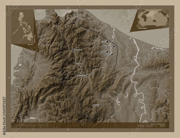 Fototapeta Apayao, Philippines. Sepia. Labelled points of cities