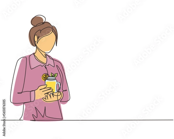 Fototapeta Single continuous line drawing young woman teacher hand holding mug of orange juice at office in morning daylight. Leisure time before start teaching at university. One line draw graphic design vector