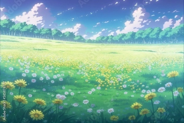 Fototapeta 花 カラフル 草原 植物 花畑 幻想 ファンタジー アニメ, generative ai