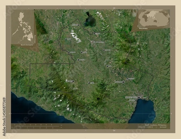 Fototapeta South Cotabato, Philippines. High-res satellite. Labelled points of cities