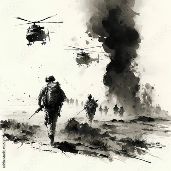 Fototapeta US soldiers running down a hill Generative AI
